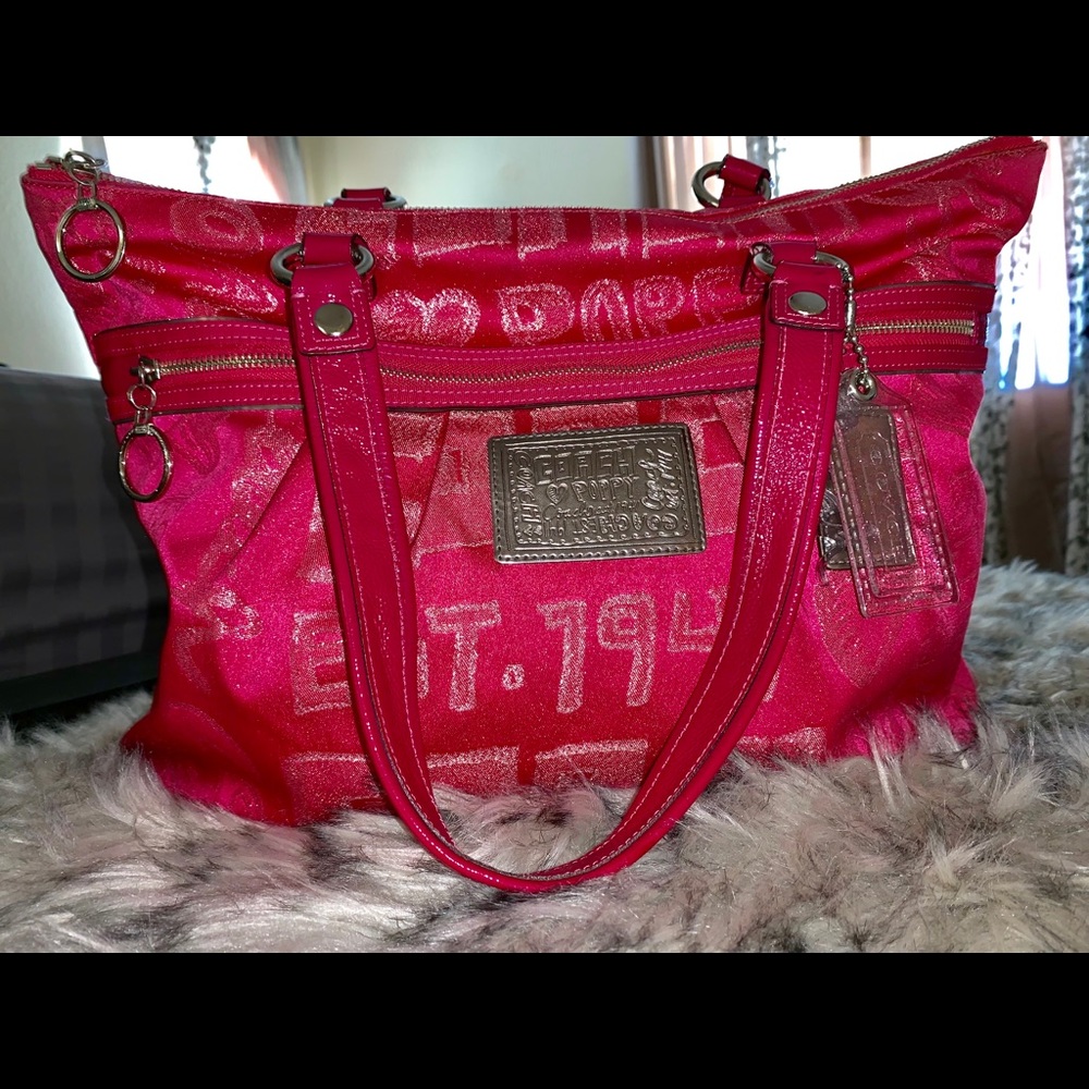 💋 Coach Poppy Pink Purse Signature Tote EUC